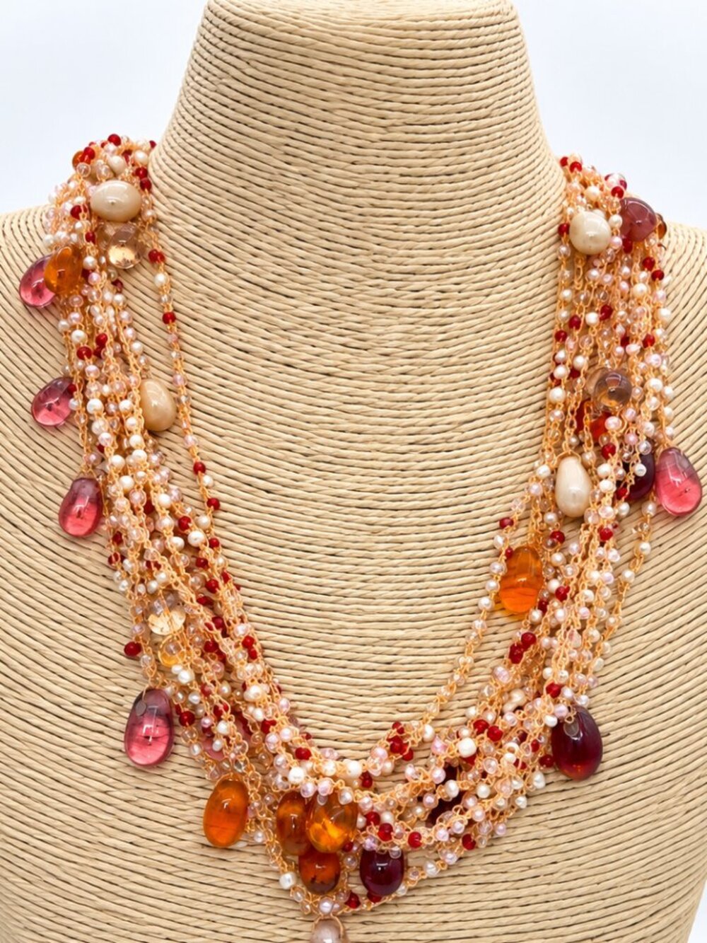 Multistrand Beaded Statement Necklace Pink Amber Red Pearl Accents